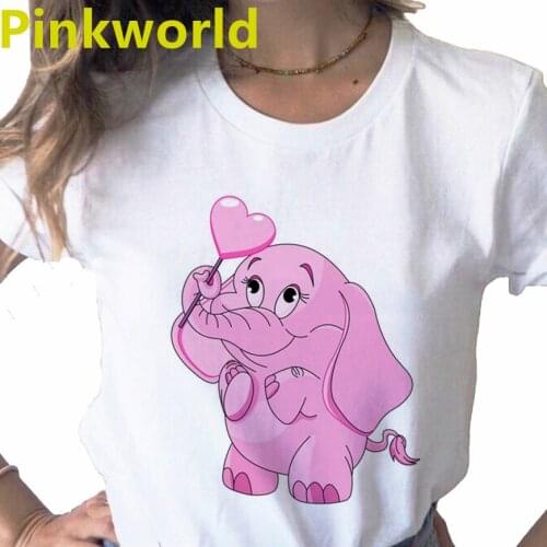 Pink Love Elephant Cute Cartoon Print ladies Top T-shirt casual basics O-collar white shirt short sleeve ladies Tshirt,Drop Ship