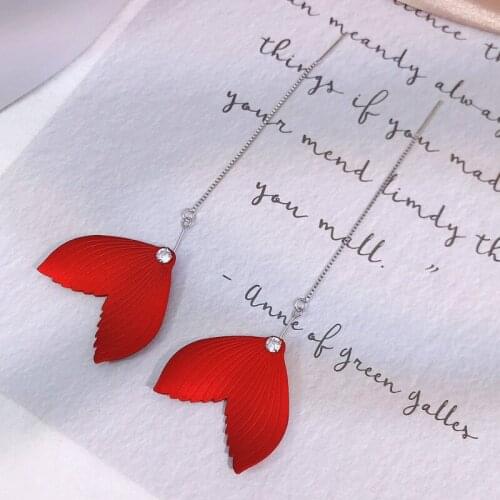 S925 Sterling Silver Original Tassel Women Red Mermaid Tail Dangle Earrings Lobe Fish Crook Stud Ear Shiny Petal Pearl Eardrop