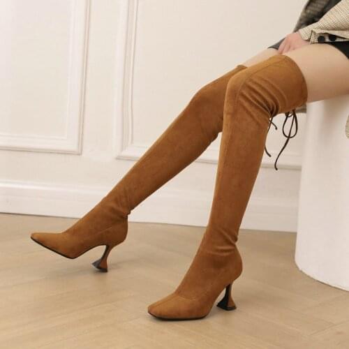 Spring Autumn Suede Ladies Thigh Boots Fashion Cross Tied Slim Sexy Long Boots Winter Square Toe Wineglass Heel Womens Shoes
