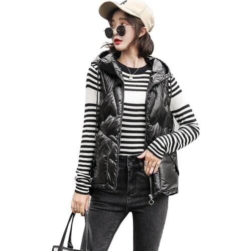 Women Autumn Winter Hooded Big Pocket Glossy Sleeveless Short Vest Coat Outwear Puffer Jacket Cotton Padded Parkas Waistcoat