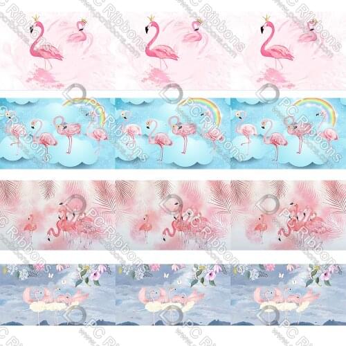 16-75MM Cartoon Flamingo Printed Grosgrain&Sati&Foe&Lanyard DIY Handmade Materials Christmas Wedding Gift Wrap Tape 50yards