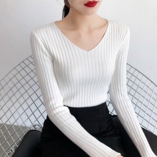 2021 basic v-neck solid autumn winter Sweater Pullover Women Female Knitted sweater slim long sleeve badycon sweater cheap
