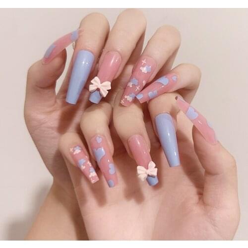 24pcs Love Heart Printed Nail Patch Glue Type Removable Long Paragraph Fashion Manicure Save Time False Nail Patch DL