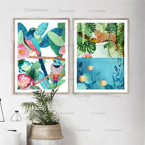 Jungle Tiger Art Abstract Canvas Painting Modular Hd Posters and Prints Morocco Colorful Birds Fish Wall Art Pictures Home Decor