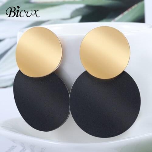 BICUX Fashion Simple Round Metal Dangle Drop Earrings for Women Girl Korean Style Smooth Gold Black Splice Femme Earring Jewelry