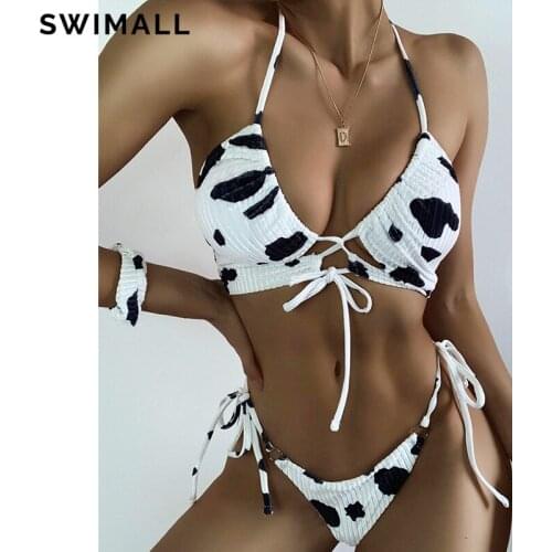Bikini 2021 New Cow Print Swimsuit Female Halter Swimwear Women Two Piece Bikini Set Bandage Bathing Suit Brazilian Biquini