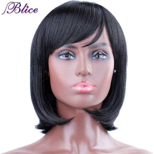 Blice Synthetic Wig Machine Made Straight Black Medium Length Wigs With Bang For Women 130% Destiny