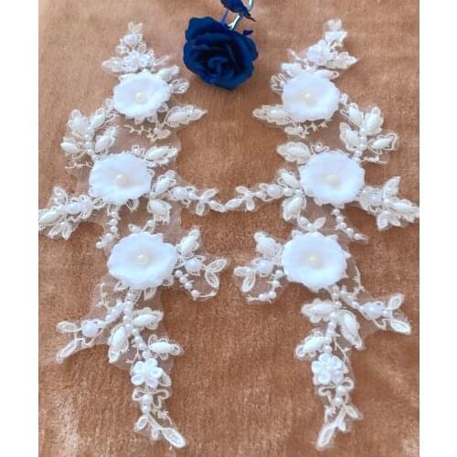 Big white Three-dimensional lace applique with beads rhinestones trim patches 39*16cm for weddding dress accessory