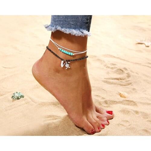 European Fashion Turtle Shape Beading Pendant Chain Ankle Braclet Adjustable For Women Summer Beach Jewelry For Girls