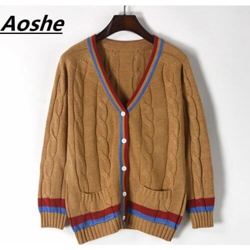 Aoshe Cardigans Female Celebrity Winter Sweater Women V Neck Designer Vintage Twist Striped Knitwear Oversized Coat Jumper