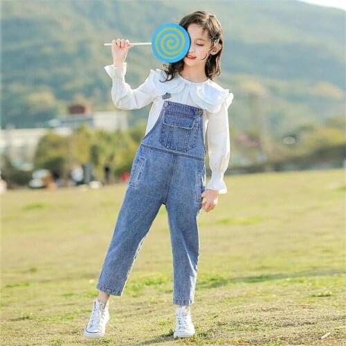 Girls Clothes Set Autumn 2021 New Children White Blouse + Jumpsuit Two-Piece Suit Kids Teen Girl Clothing Tracksuit 8 10 12 Year