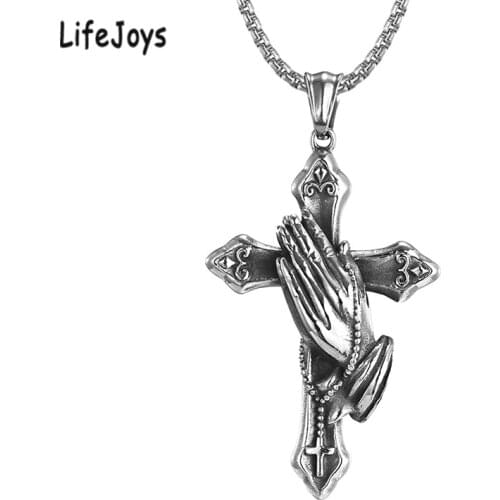 Cross Praying Hands Pendant Necklace Stainless Steel Prayer Hands Necklace Heavy Religious Vintage Jewelry For Men Women Quality