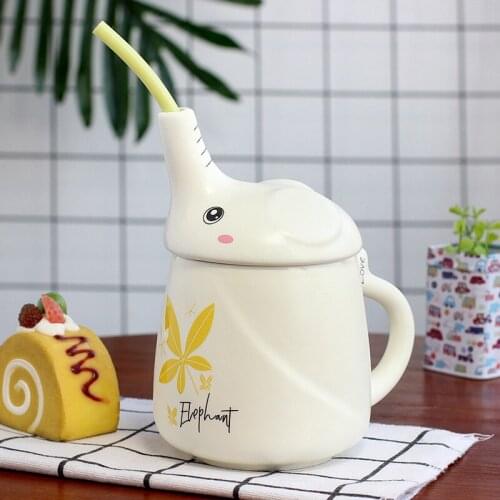 New 430mL Cute Long Nose Elephant Straw Couples Mugs 4 Colors Coffee Milk Tea Water Ceramic Cups Best Birthday Gifts for Friends