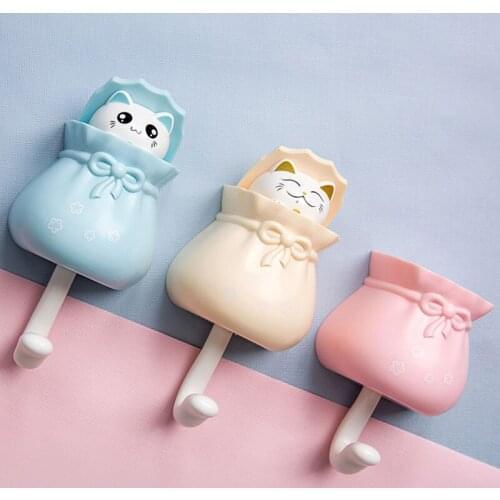 Cute Cartoon Cat Hooks Key Decorative Holder Wall Mounted Adhesive Coat Hanger Hat Rack Sundries Household Organizer Accessories