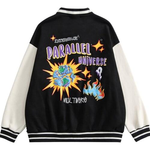 Men Fleece Warm Varsity Jackets Couple Cotton Loose Fun Printing Color Contrast Baseball Uniform Male Fall Winter Jacket Coats