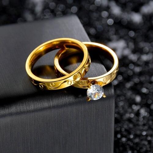 Charm Couple Ring Stainless Steel Gold Mens Rings Blue Zircon Crystal Womens Ring Sets Valentines Day Wedding Bands