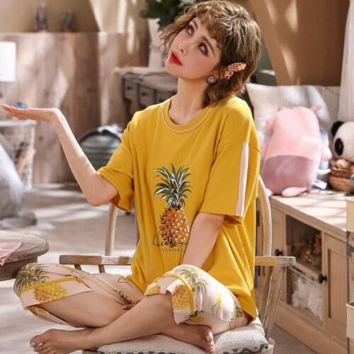 Korea Fresh Pajama Sets for Women 100% Cotton Short Sleeve Casual Sleepwear Ladies Pyjamas Suit Autumn Winter Hot Sale 2020
