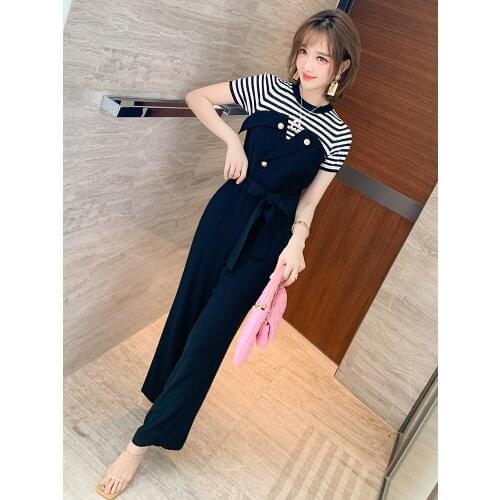 The new stripe splicing belt straight jumpsuits summer