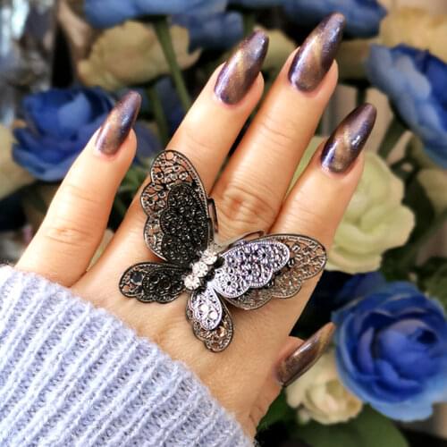 KIOOZOL Vintage Black Gold Silver Color Alloy Butterfly with Crystal Ring Adjustable Size For Women Insect Style Jewelry 217 KO5