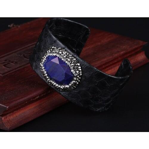 Faceted Oval Lapis Lazuli Bead Charm Pave Rhinestone Resizable Black Snake Leather Wide Wrap Open Bangle Cuff for Women Jewelry
