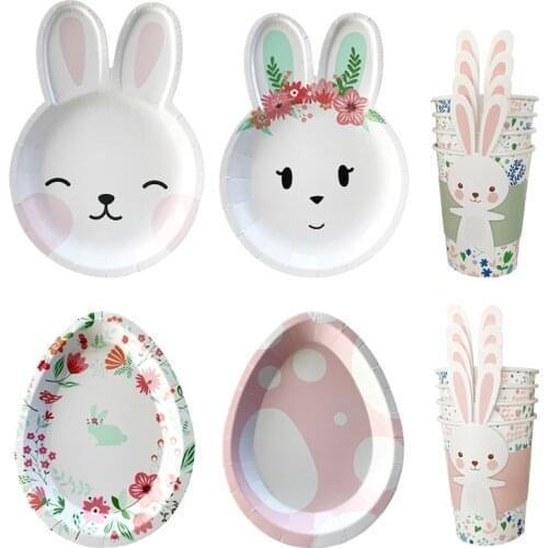 8Pcs Easter Rabbit Paper Plate Cute Bunny Egg Paper Cup Happy Easter Party Dinnerware Baby Shower Kids Gifts Paper Tableware
