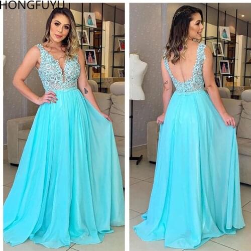 HONGFUYU V Neck Prom Dresses Long Womens Sexy A-line Sleeveless Chiffon Evening Party Gowns vestido de festa longo formatura