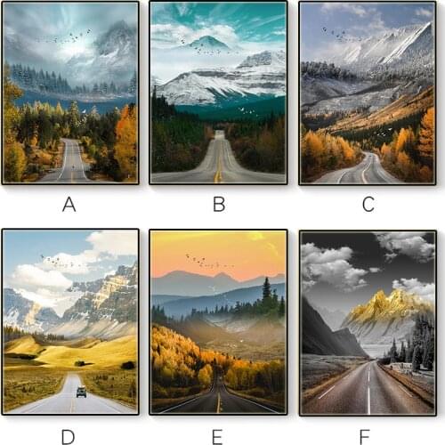 Nordic Travel Landscape Canvas Painting Sunset Mountain Forest Road Nature Scenery Poster Print Wall Art for Bedroom Home Decor