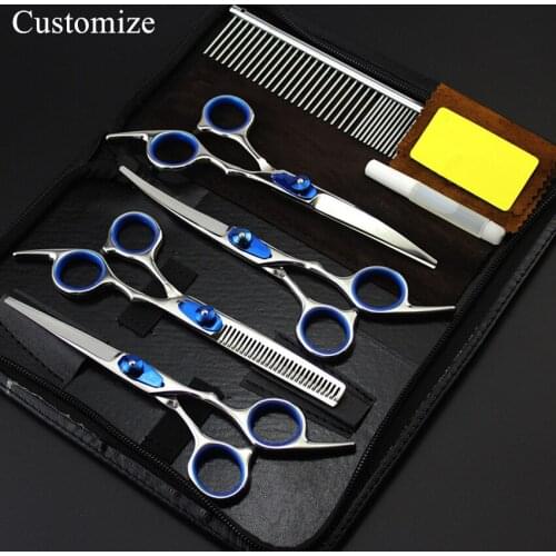 Customize professional 5 kit 6 inch pet curved shears dog grooming hair scissors thinning cutting barber hairdressing scissors
