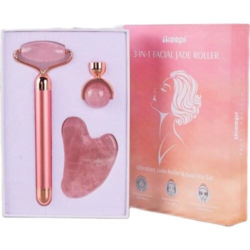 2 Head Replace Electric Face Roller Gua Sha Tool 3 Pcs/Set Natural Rose Quartz Crystal 25 MM Ball Massager Facial Neck Eye Care