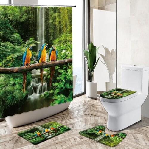 Tropical Forest Waterfall Landscape Shower Curtain Parrot Bird Leopard Wildlife Print Bath Mat Toilet Lid Cover Bathroom Carpet