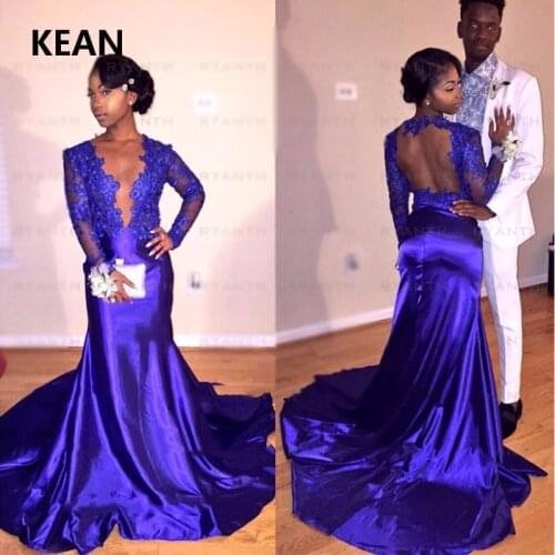 Royal Blue Evening Dress Deep V-Neck Long Sleeve Mermaid Backless vestidos Islamic Dubai Kaftan Saudi Arabic Evening Prom Dress