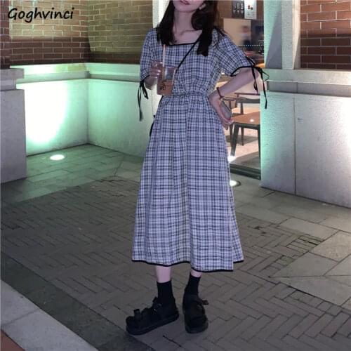 Women Short Puff Sleeve Dresses Plaid Calf Length Loose A-line Square Collar French Style Vintage Students Preppy Elegant Trendy