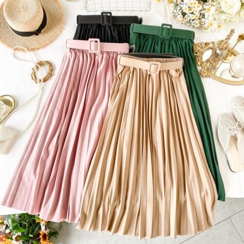 Korean Style New Pleated Midi Skirt Women Casual New Fashion High Elastic Waist Skirts Black Pink Elegant Skirt With Belt s787