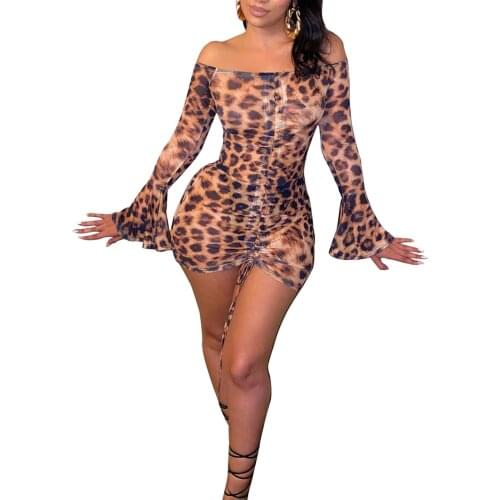 Women’s Fashion Leopard Short Dress Sexy Boat Neck Trumpet Sleeve Drawstring Skinny Dress