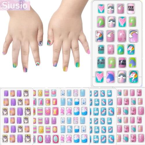 24Pcs Children Fake Nail Unicorn Candy Color Rainbow petal Design Blue Cloud Star Short Artificial Full Cover Child Nail Art Kid