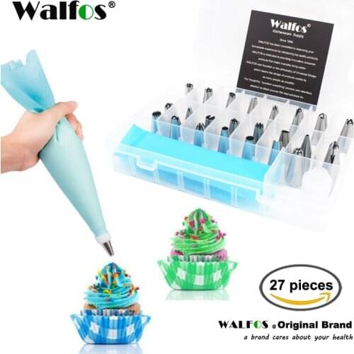 Walfos 27 Pcs Silicone Icing Piping Cream Pastry Bag Stainless Steel Nozzle Pastry Tips Converter DIY Baking Decorating Tools