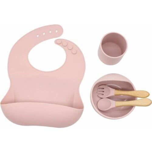 5 Pcs Baby Silicone Bib Cup Suction Bowl Spoon Fork Set Training Feeding Food Dinner Plate Dish Utensil Tableware Kit for