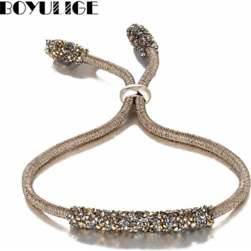 BOYULIGE New Fashion Jewelry 2018 Stainless Steel Black Gold Love Charm Crystal Bracelets Bangles For Women Leather Bracelet