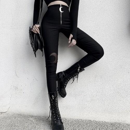 High Waist Black Pencil Pants Gothic Moon Zipper Hollow Out Bodycon Long Trousers Women Casual Pantalons Streetwear Vintage Pant