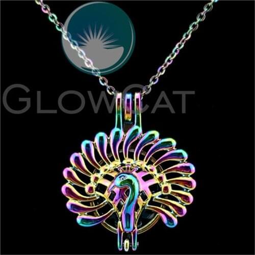 C668 Rainbow Colors Peacock Beads Cage Essential Oil Diffuser Aromatherapy Pearl Cage Locket Necklace