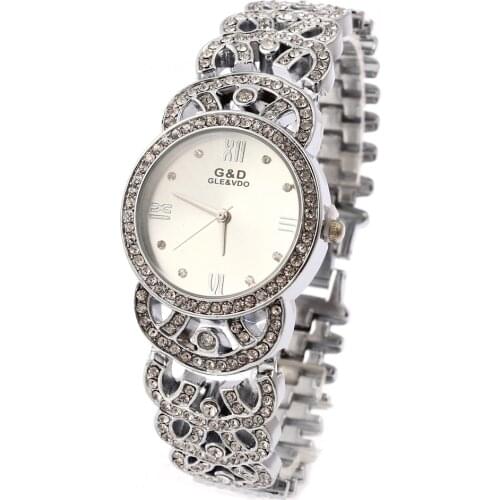 G&D Women Silver Stainless Steel Band Fashion Watch Womens Rhinestone Single Dial Quartz Analog Wrist Watches