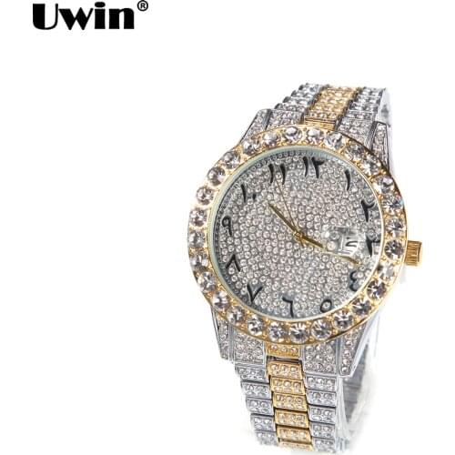UWIN Big Dial Watch for Men Full Iced Out CZ Stainless Steel Belt Luxury Quartz Wrist Watches Hip Hop Watch for Drop Shipping