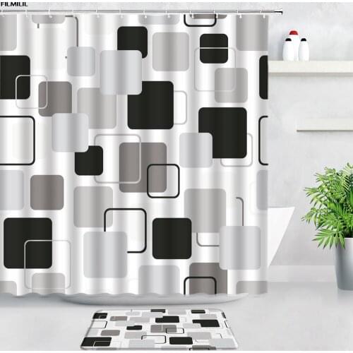 Black White Geometric Pattern Shower Curtain Bath Mat Set Creative Cube Design Home Decor Flannel Bathroom Non-slip Rug Door Pad
