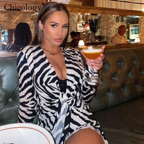 Chicology Zebre V Neck Lace Up Mini Dress Bodycon Long Sleeve Women 2020 Winter Fall Clothes Sexy Party Club Birthday Outfits