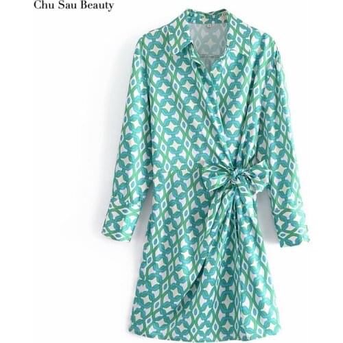 Chu Sau Beauty 2021 Autumn Womens Retro Printed Casual Slim Mini Shirt Dress Fashionable Long Sleeve Bow Decoration