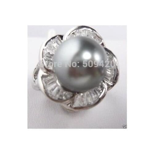 D#S434er>>Fashion Natural 10mm Gray South Sea Shell Pearl Flower Wedding Ring Size 7/8/9