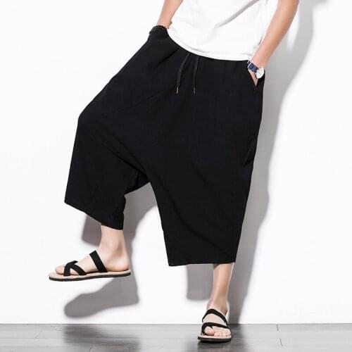 Men Harajuku Harem Pants 2021 Mens Capris Summer Cotton Linen Joggers Pants Male Vintage Chinese Style Wide Leg Pants 30730