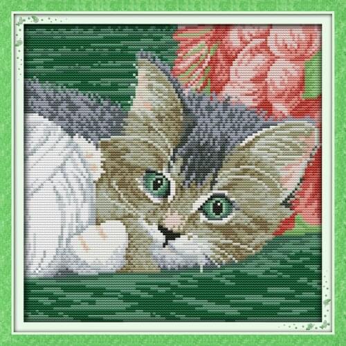 Joy Sunday The Cat Paly with The Circle of String Needlework Cross Stitch Sets for Embroidery Kits Counted Stamped Cross-Stitch