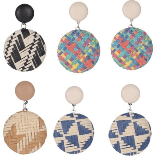 New Woven Straw Weaving Paper Wooden Color Coffee Black Blue White Round Retro Button Women & Drop Earrings Jewelry