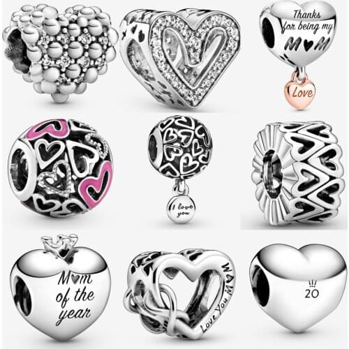 2020 Real 925 Sterling Silver Freehand Heart Charm Fit pandora Bracelet Bangle Love You Mum Infinity Heart Charm DIY Jewelry